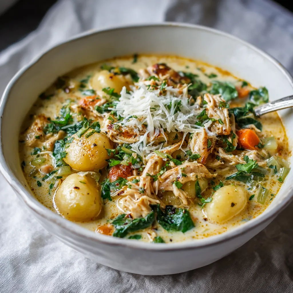 A bowl of soup with chicken and gnocchi.