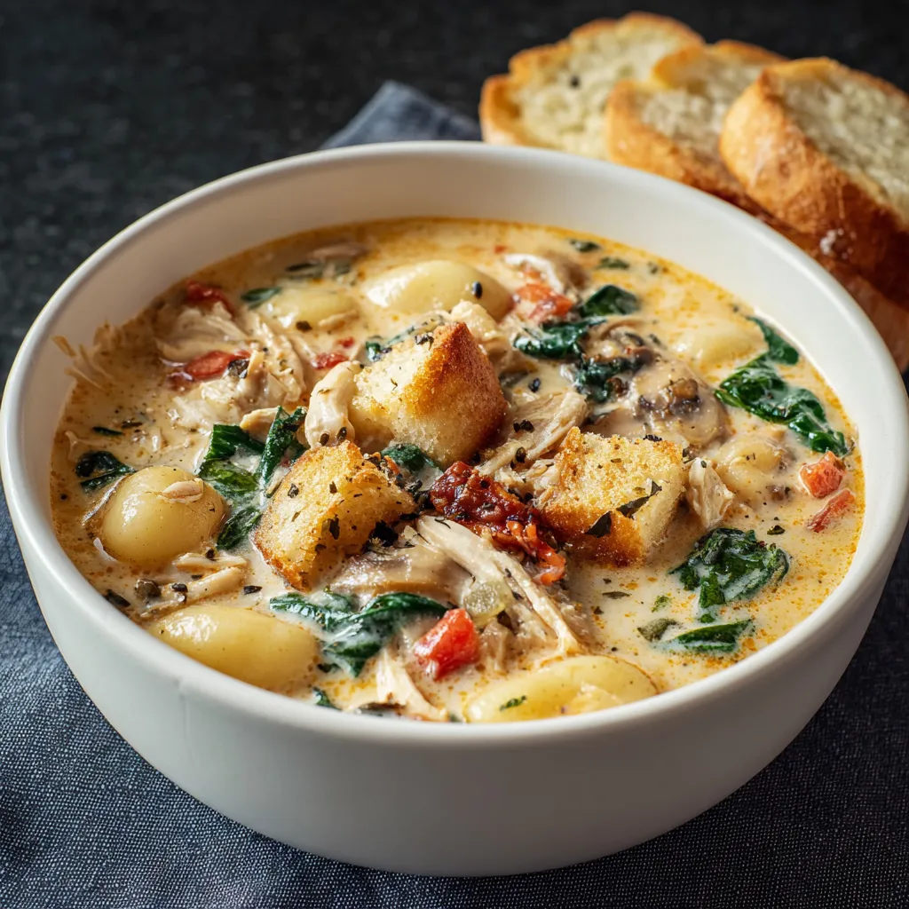 A bowl of soup with chicken and vegetables.