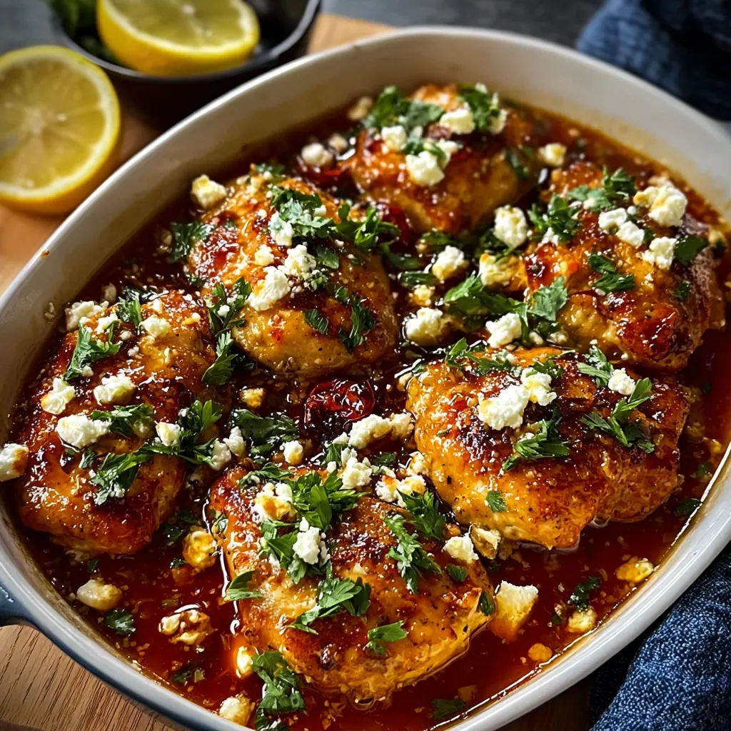 A hot honey feta chicken dish with a side of lemon.