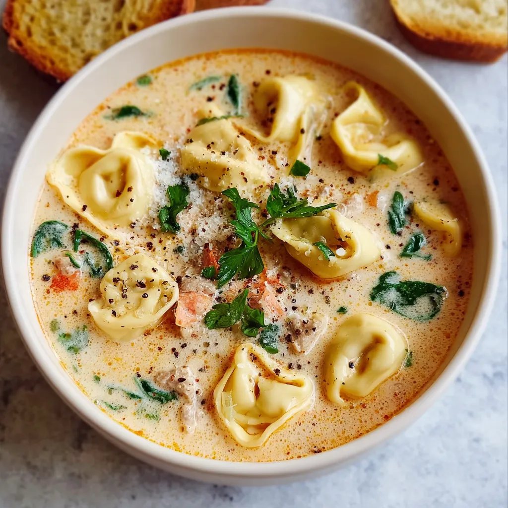 A bowl of creamy tortellini soup with vegetables and cheese.