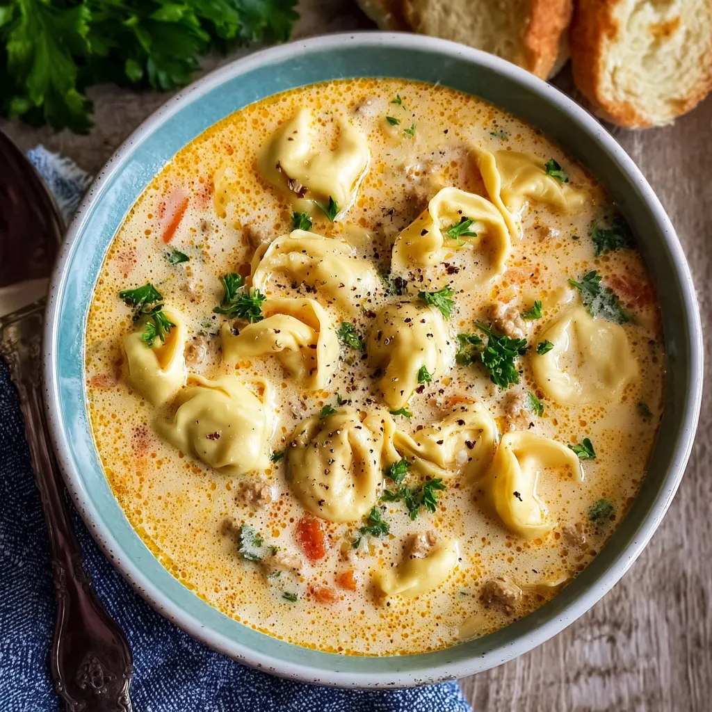A bowl of creamy tortellini soup.