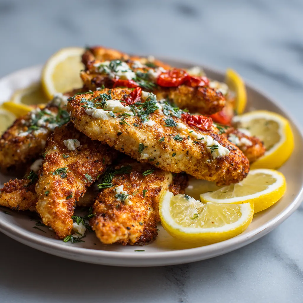 A plate of Greek chicken tenders with lemon wedges.