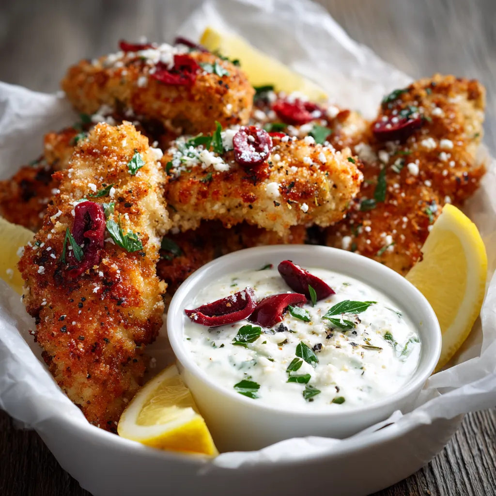 A bowl of Greek chicken tenders with a lemon wedge.