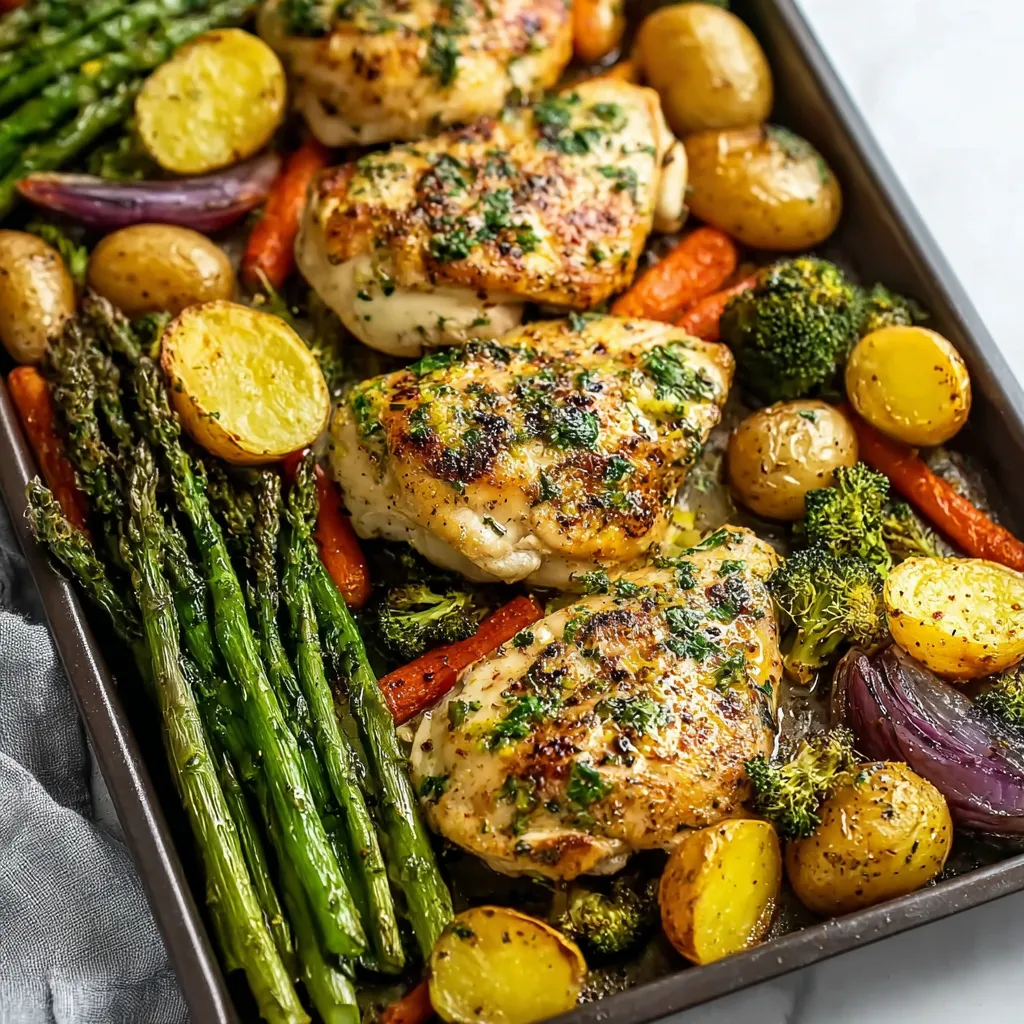 A pan of chicken and vegetables.
