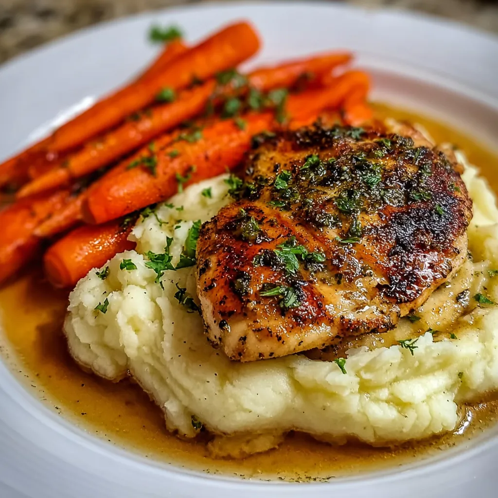 A plate of food with chicken, mashed potatoes and carrots.