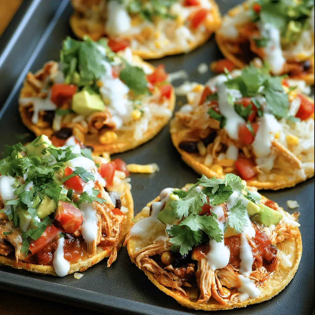 A pan of Mexican Rotisserie Chicken Tostadas.