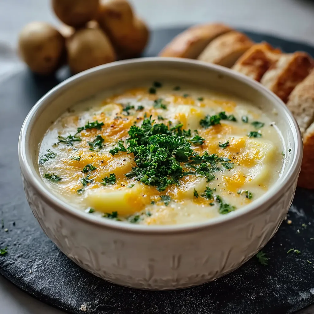 A bowl of cheddar garlic herb potato soup.