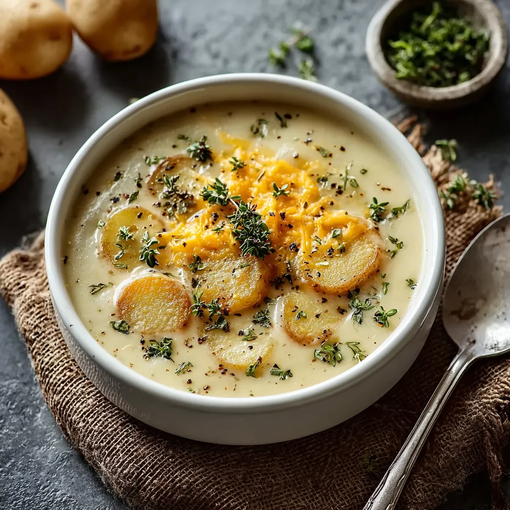 A bowl of cheddar garlic herb potato soup.