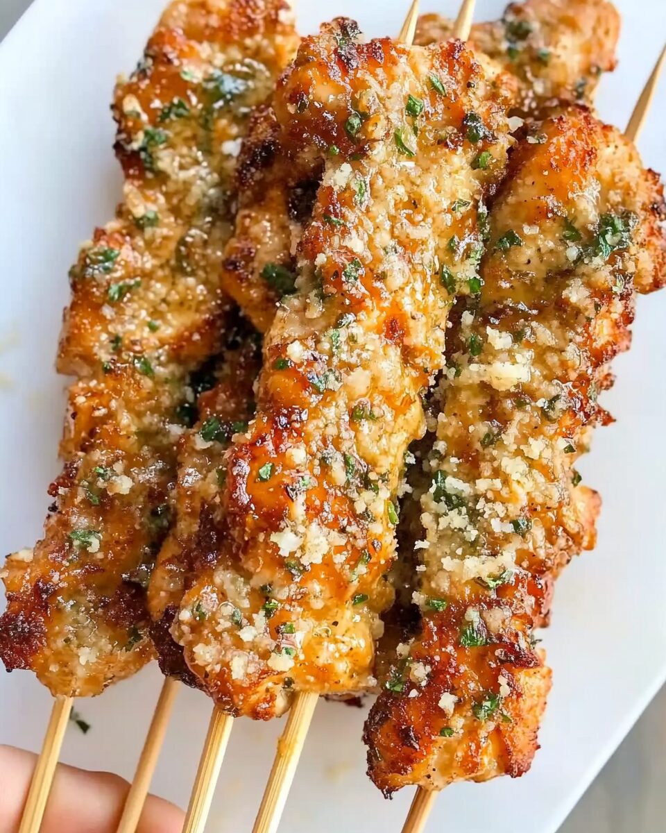 Chicken skewers with garlic and Parmesan.