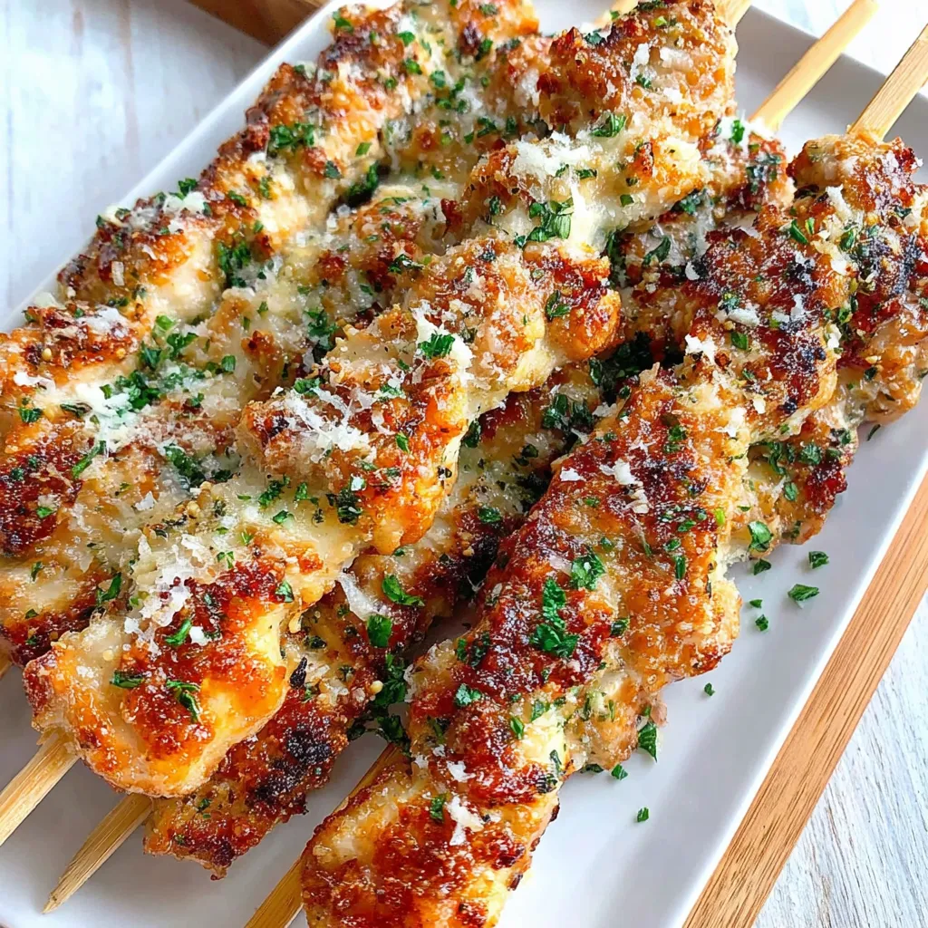 A plate of chicken skewers with garlic and Parmesan cheese.