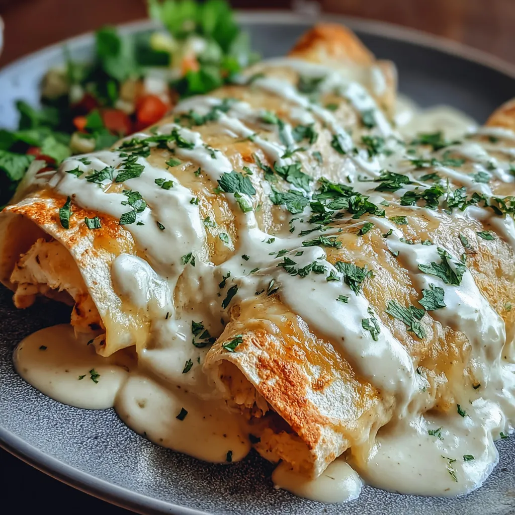 A plate of chicken enchiladas with white sauce.