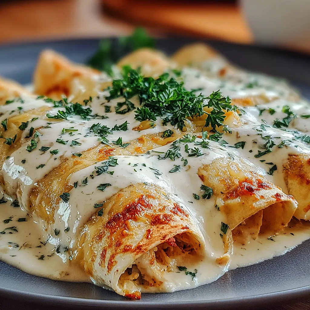 Chicken enchiladas with sour cream white sauce.