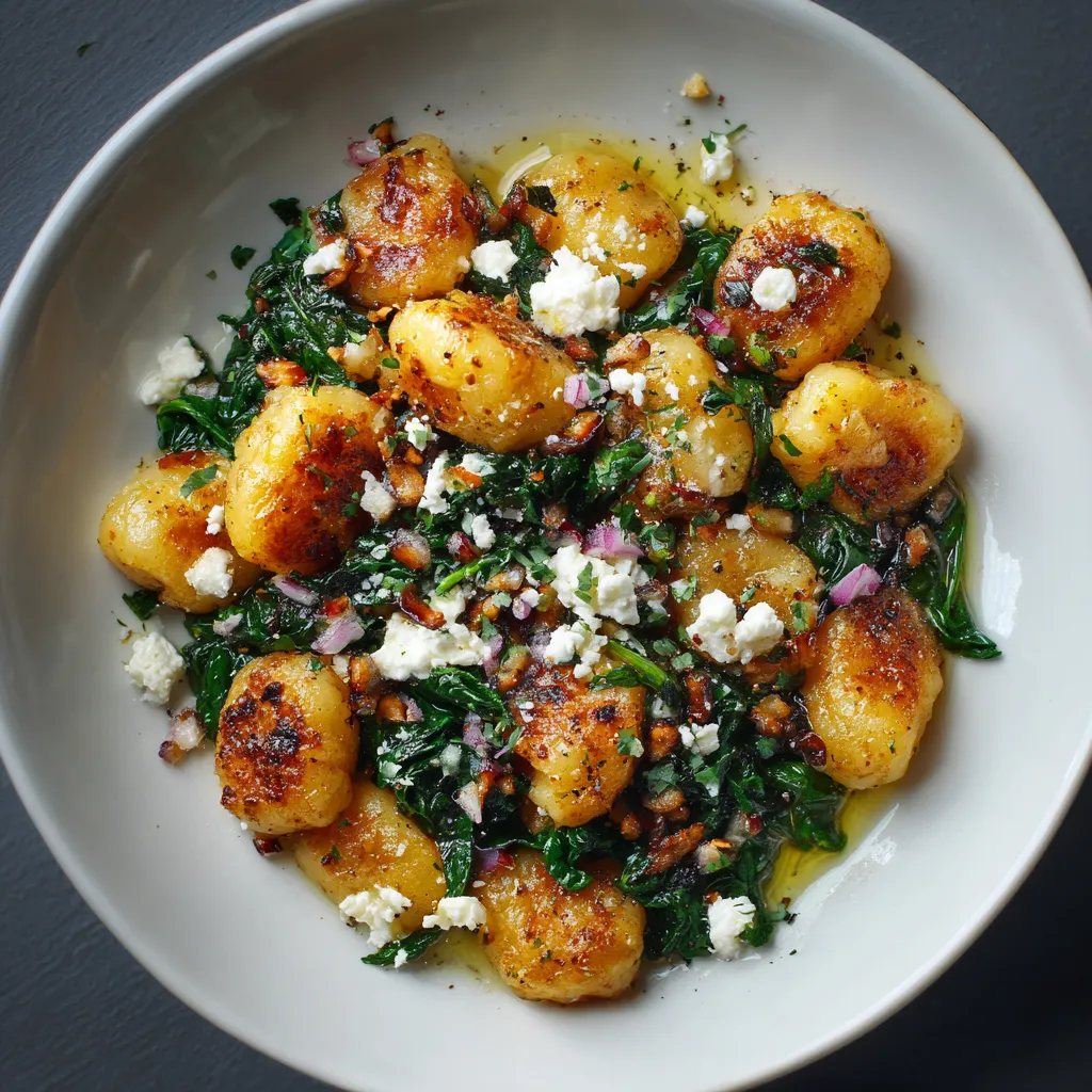A bowl of crispy gnocchi with spinach and feta.
