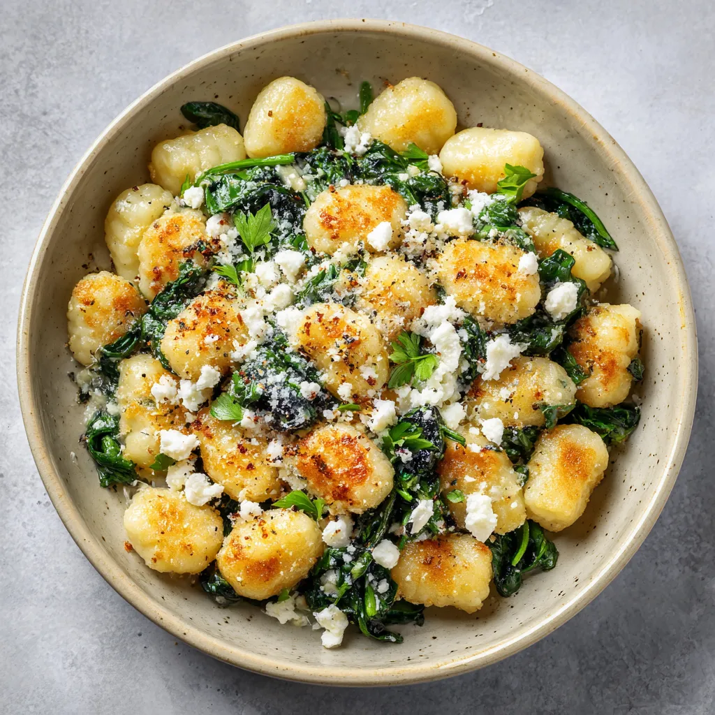 A bowl of crispy gnocchi with spinach and feta.