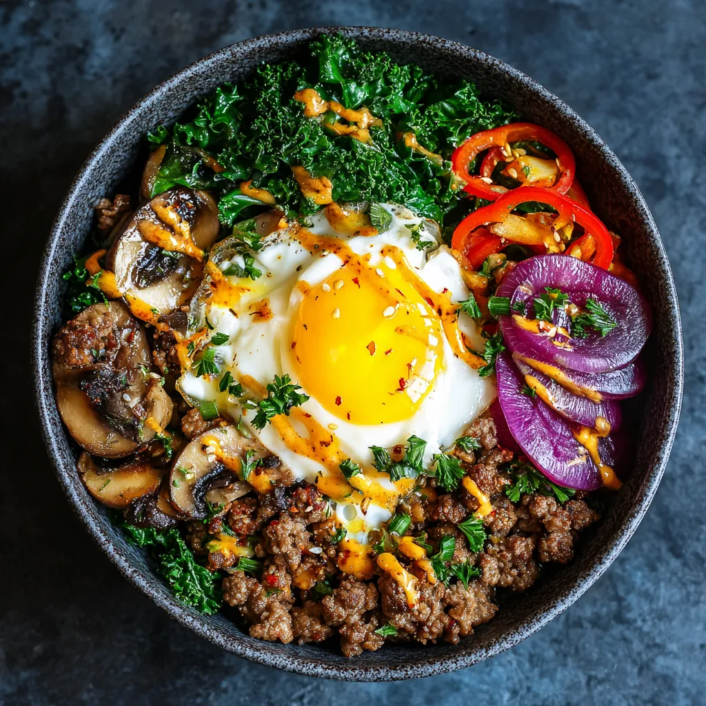A bowl of ground beef with a fried egg on top.