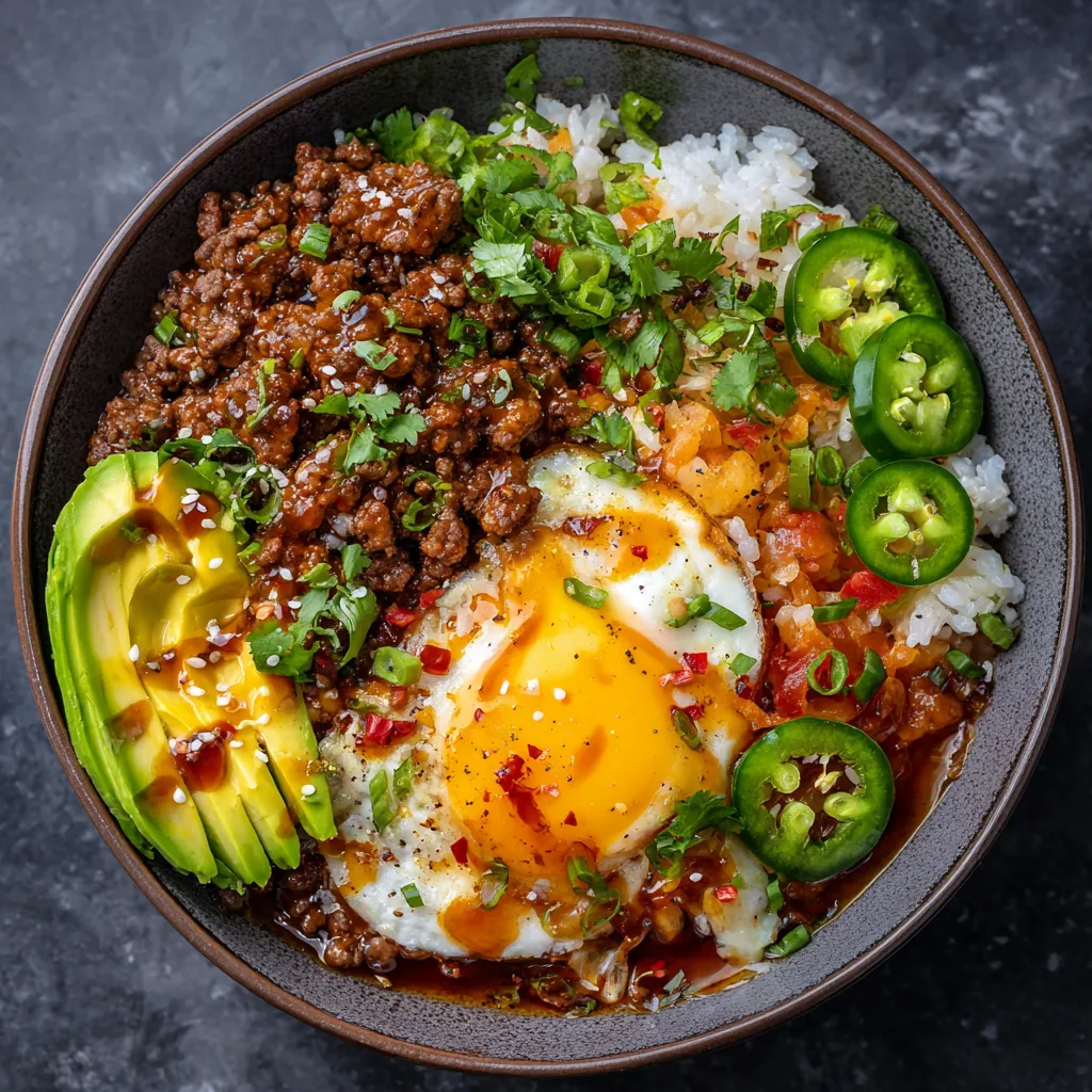 A bowl of ground beef with a fried egg on top.