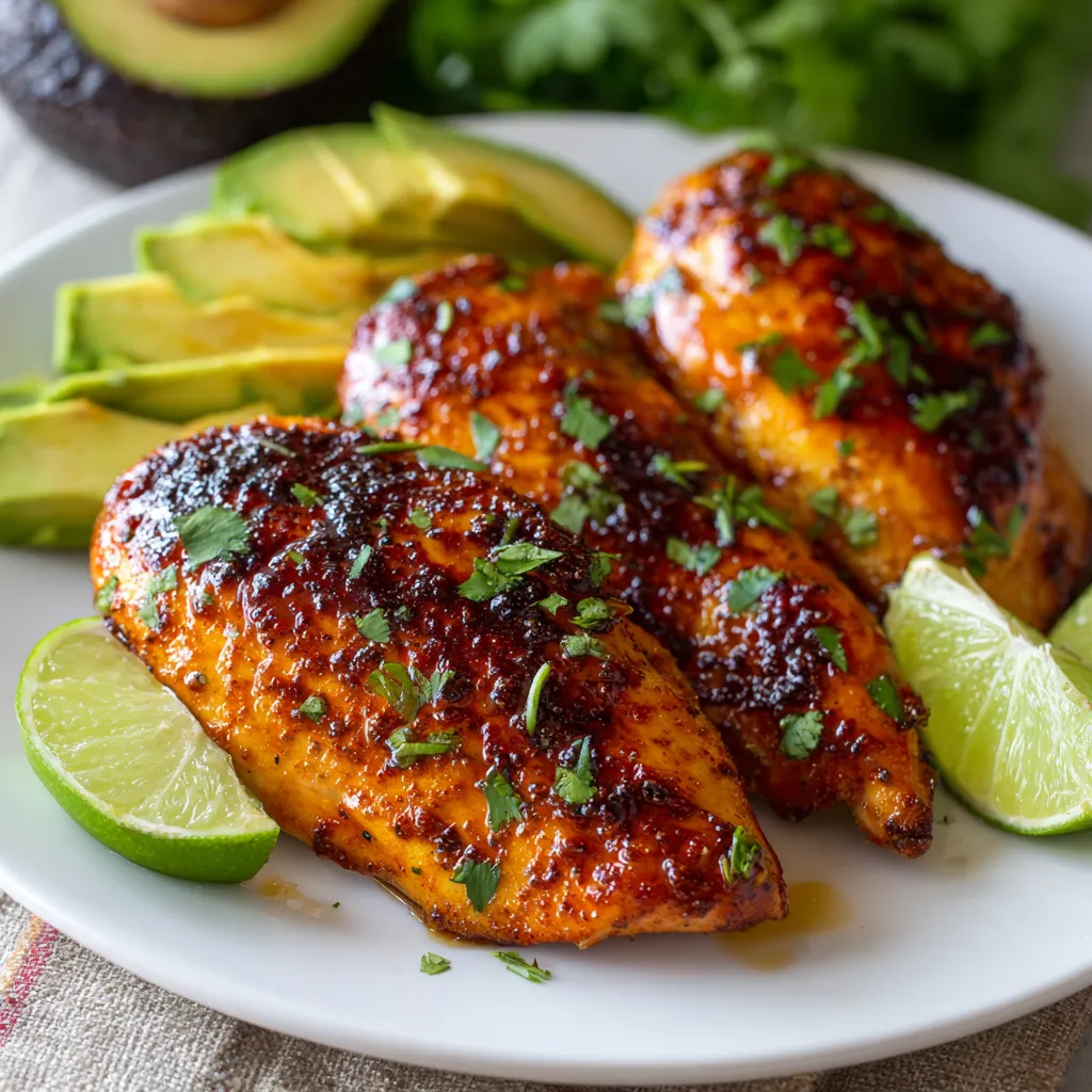 A plate of chicken with lime and avocado.