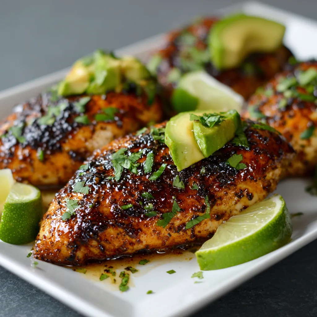 A plate of chicken with avocado and lime.