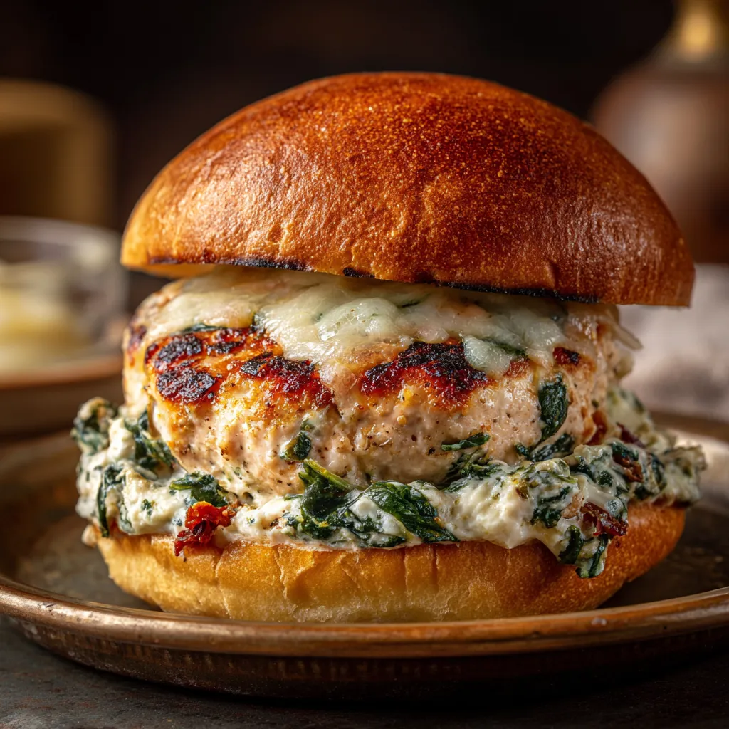 A burger with white cheddar cheese and spinach.