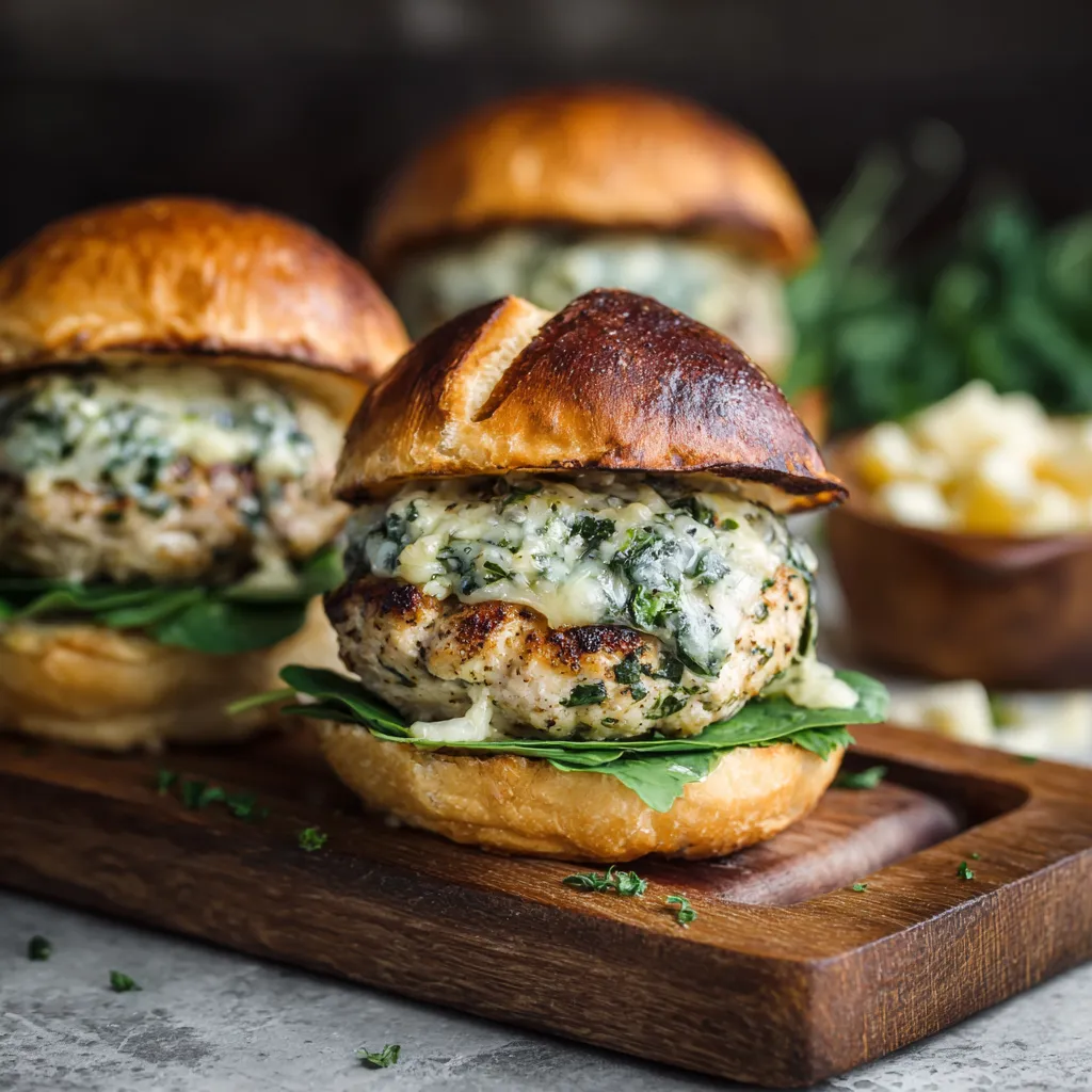 Three white cheddar spinach chicken burgers on a wooden tray.