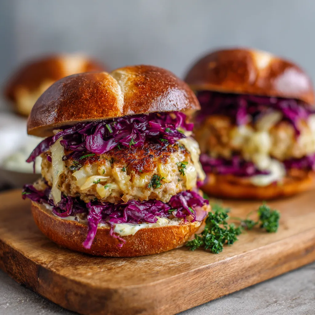 Two oven-baked cabbage burgers on a wooden cutting board.