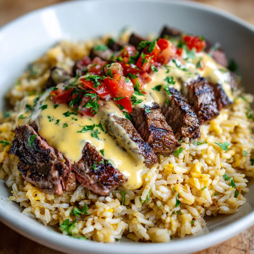 A plate of rice with steak and cheese on top.