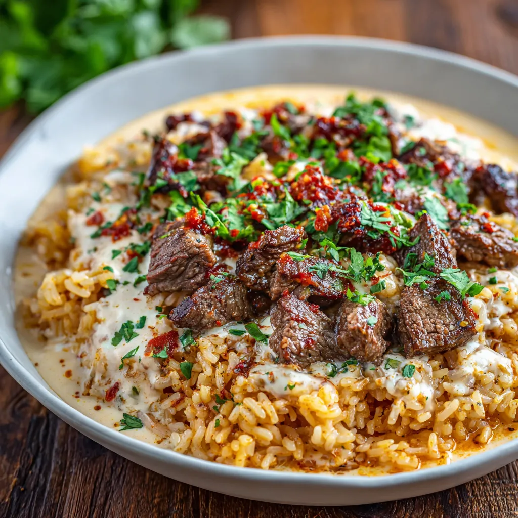 A plate of steak queso rice.