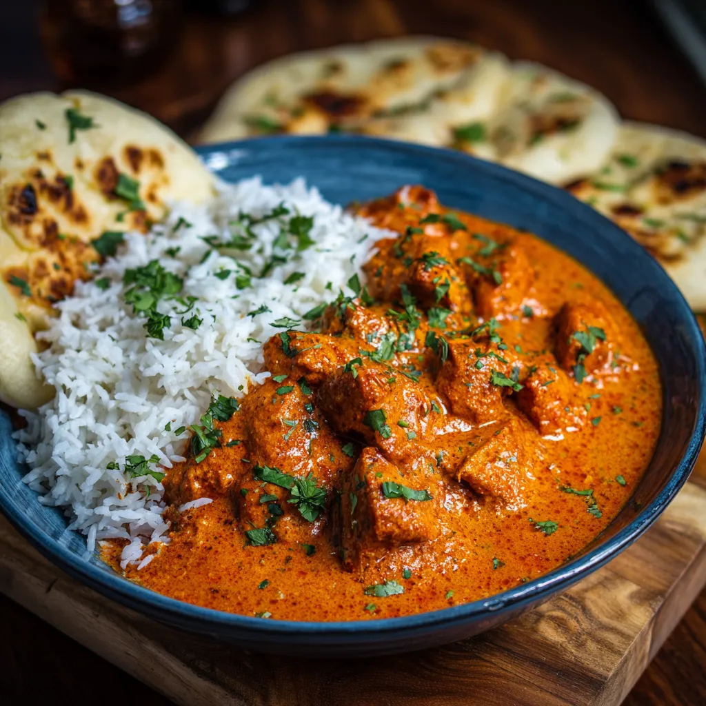 A bowl of homemade butter chicken with rice and naan.