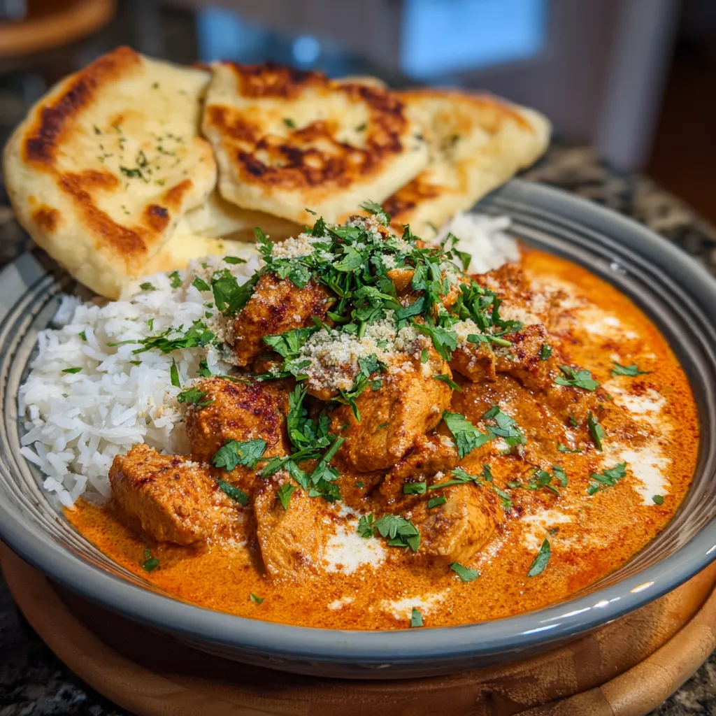 A bowl of homemade butter chicken with rice and a side of bread.