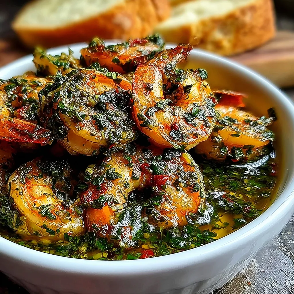 A bowl of shrimp with a green sauce.