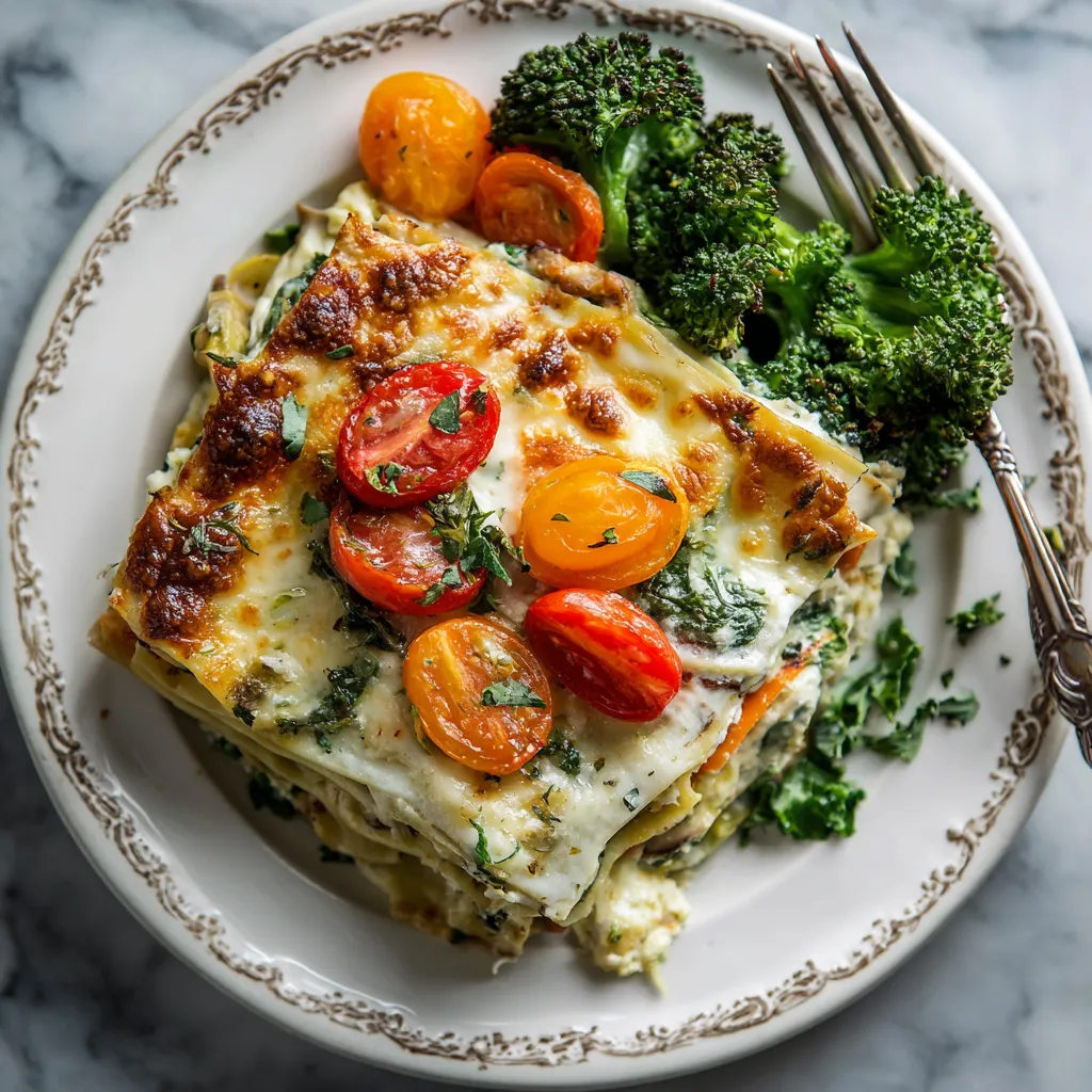 A plate of food with a white lasagna and broccoli.