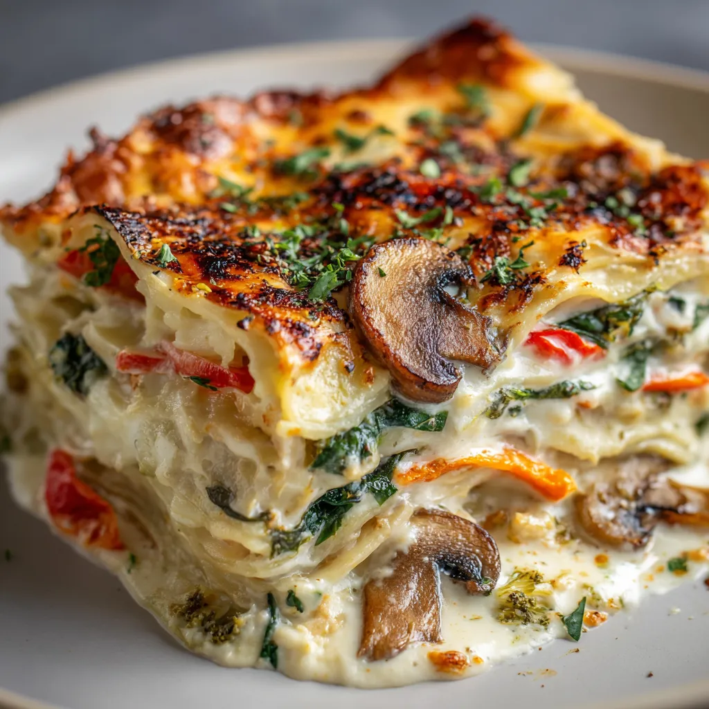 A loaded veggie white lasagna on a plate.