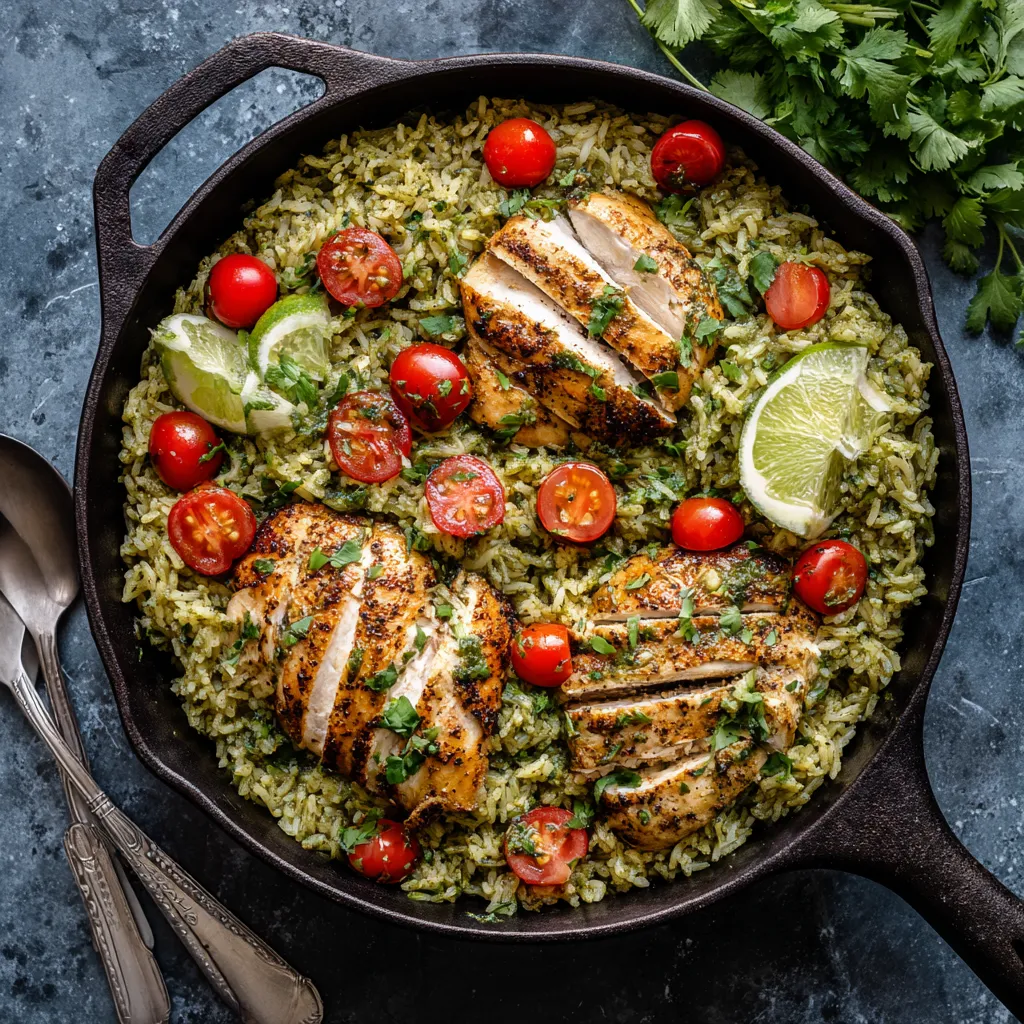 A skillet filled with rice, tomatoes, and chicken.
