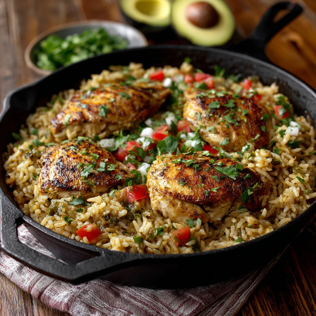 A skillet filled with rice, chicken, and salsa verde.