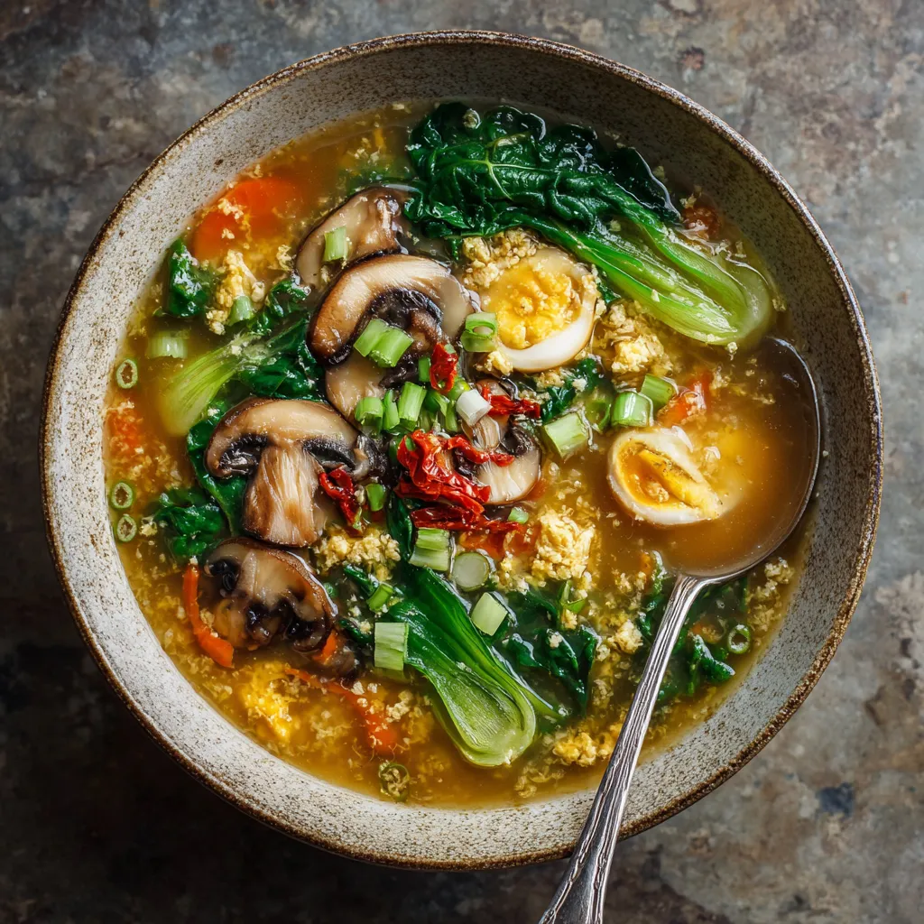 A bowl of soup with mushrooms, eggs, and broccoli.