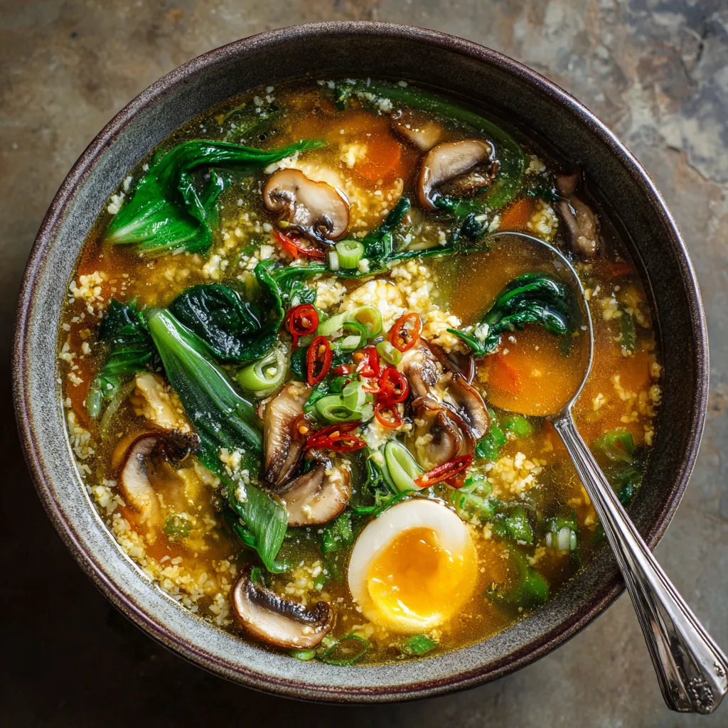 A bowl of soup with mushrooms, spinach, and eggs.