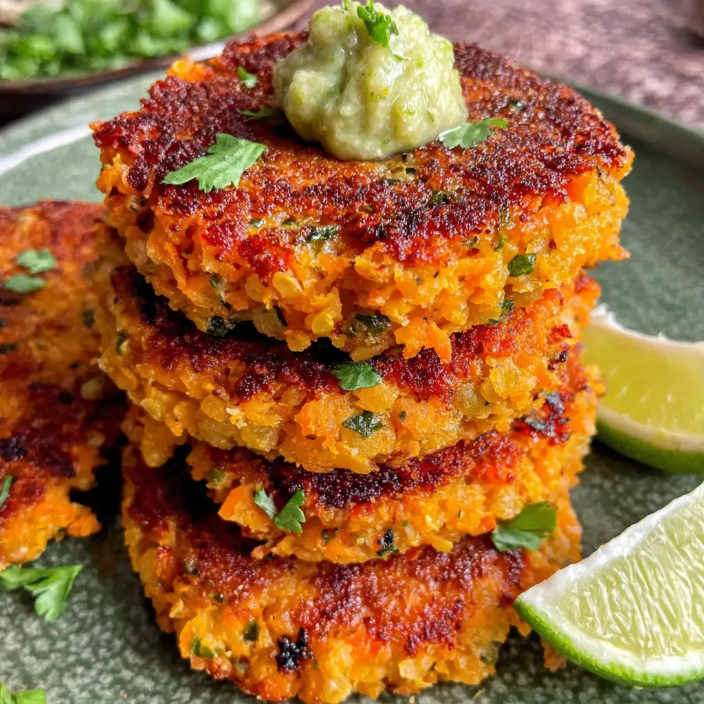 A stack of crispy sweet potato and red lentil patties.