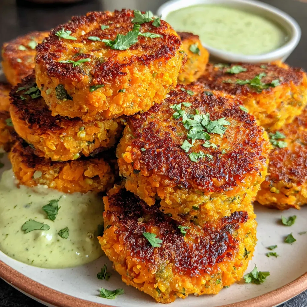 A plate of crispy sweet potato and red lentil patties.