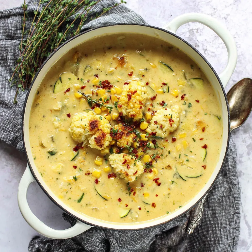A bowl of zucchini corn chowder.
