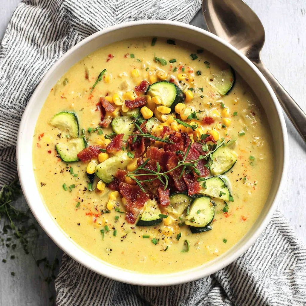 A bowl of zucchini corn chowder.