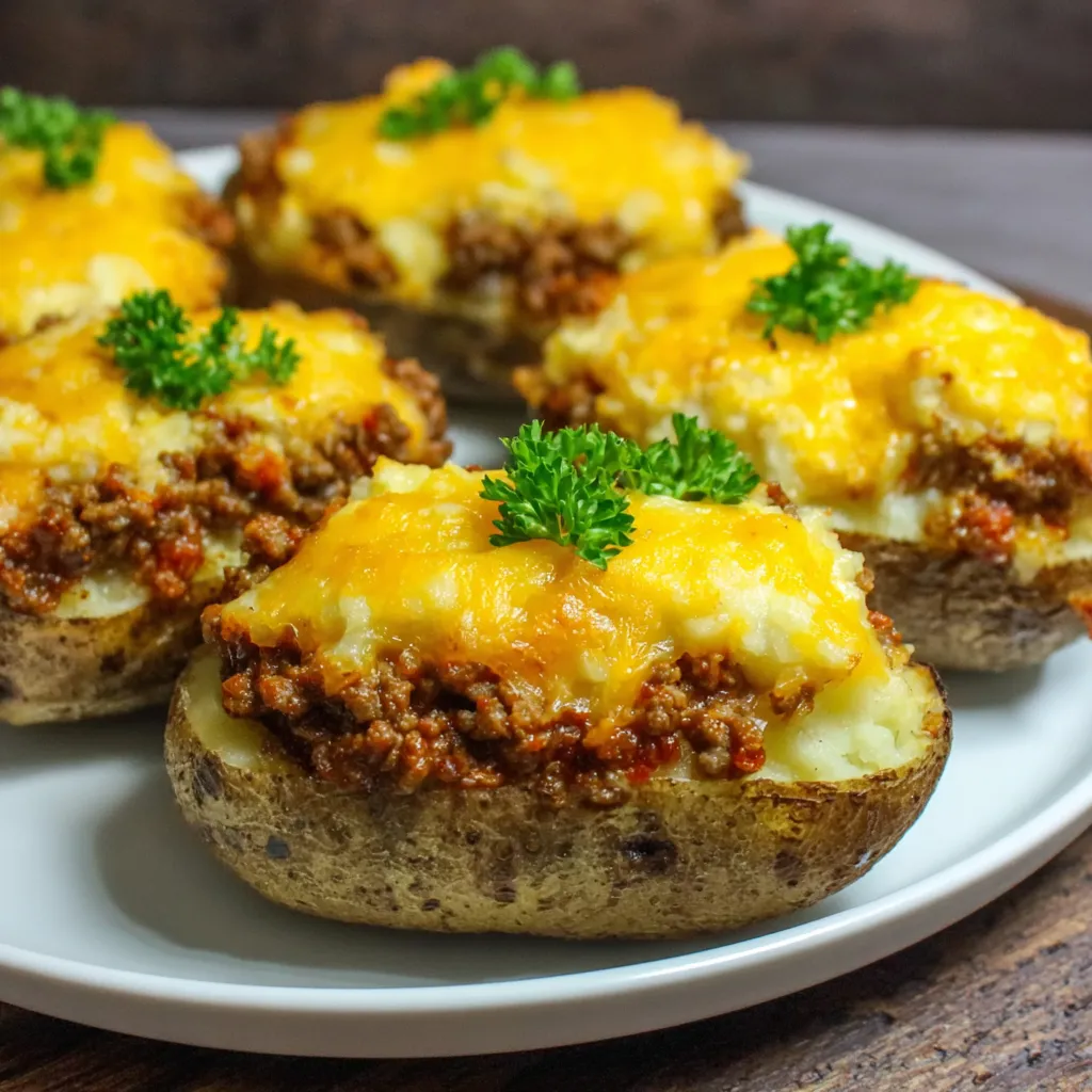 A plate of baked potatoes with cheese and meat on top.