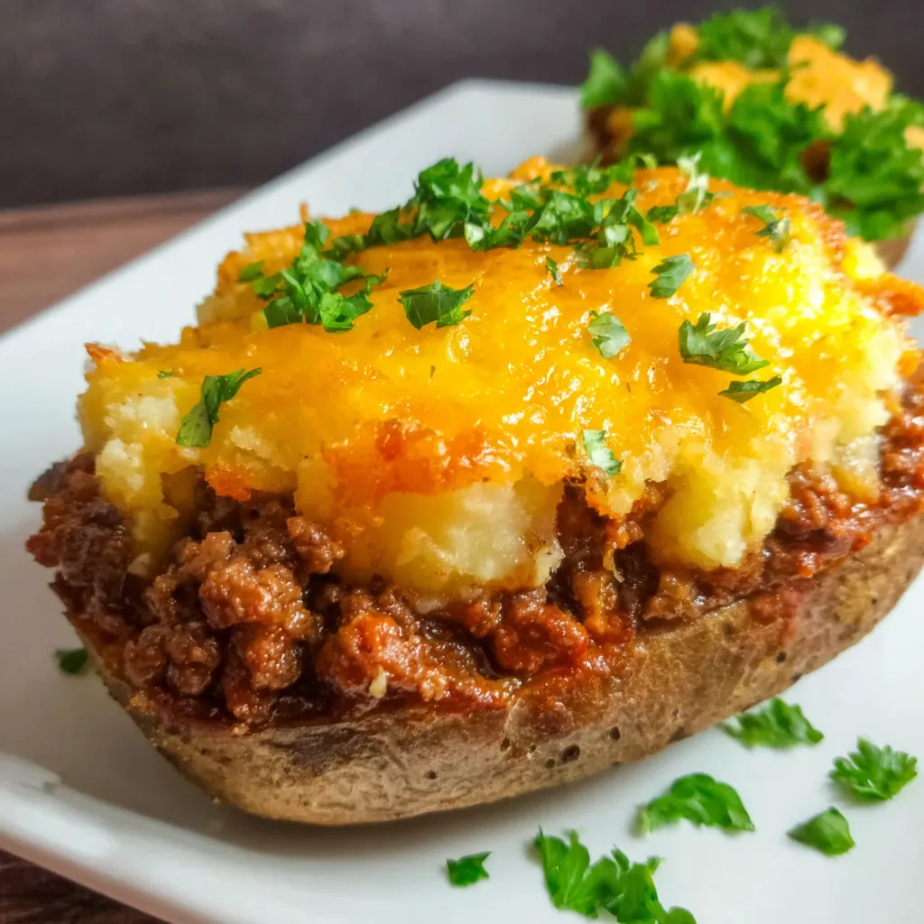 A close up of a baked potato with a slice of shepherd's pie on top.