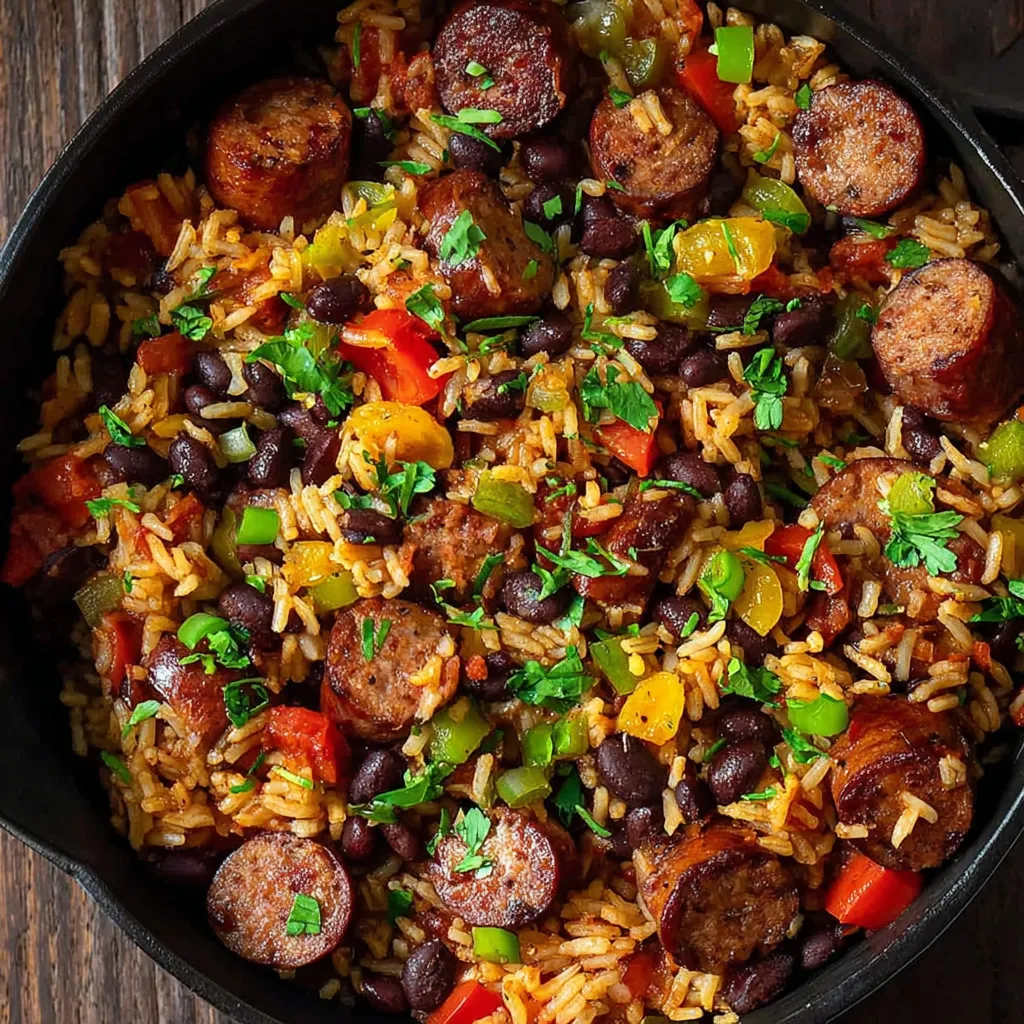 A hearty black beans and rice dish with sausage.