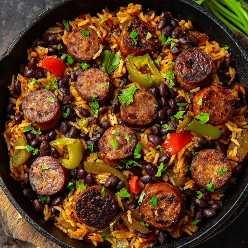 A hearty black beans and rice dish with sausage.