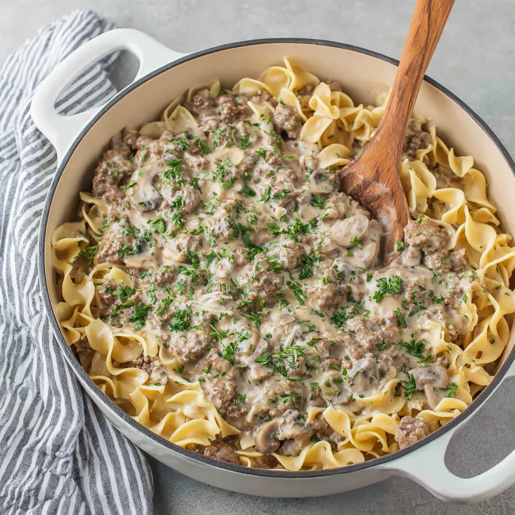 A bowl of ground beef stroganoff.