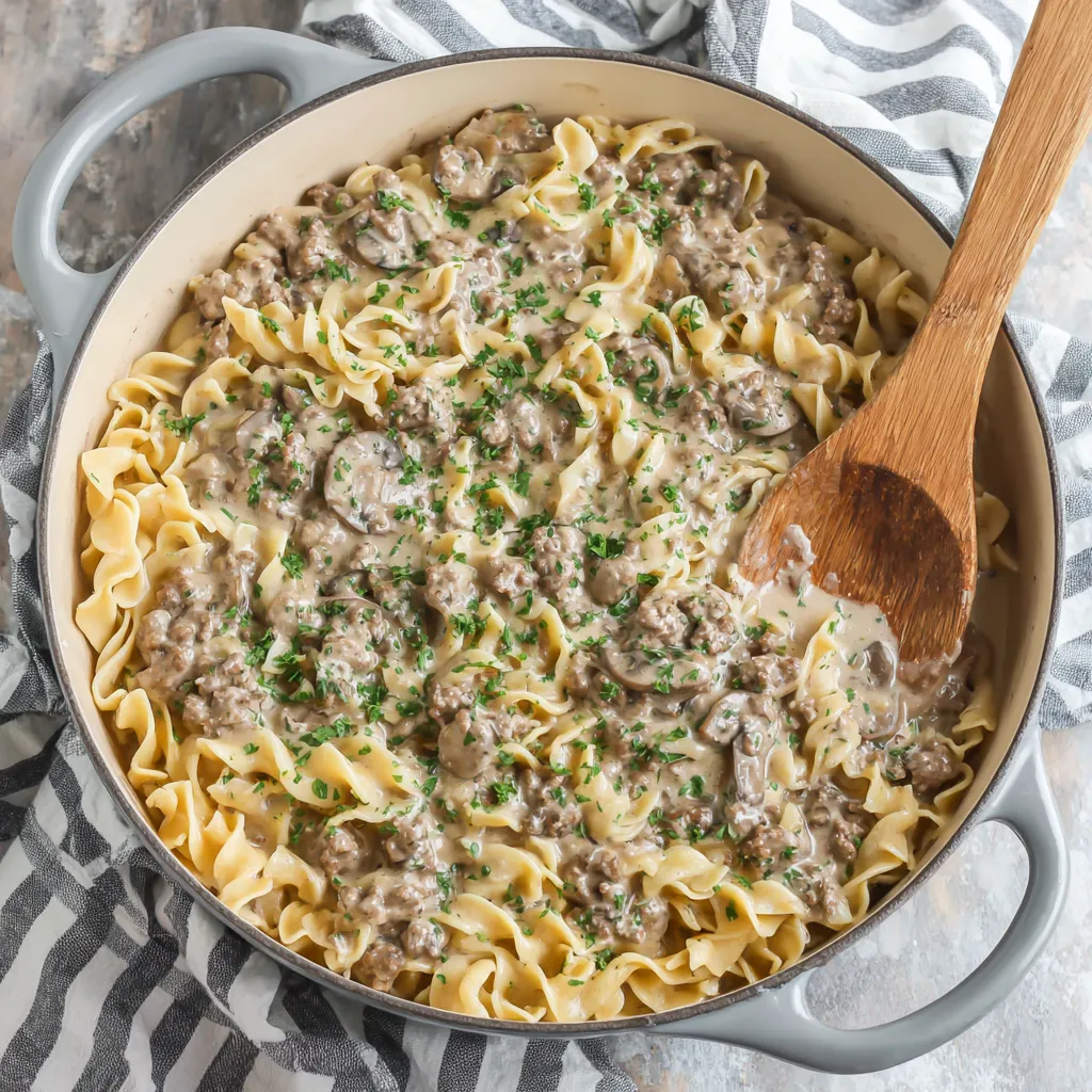 A bowl of ground beef stroganoff.