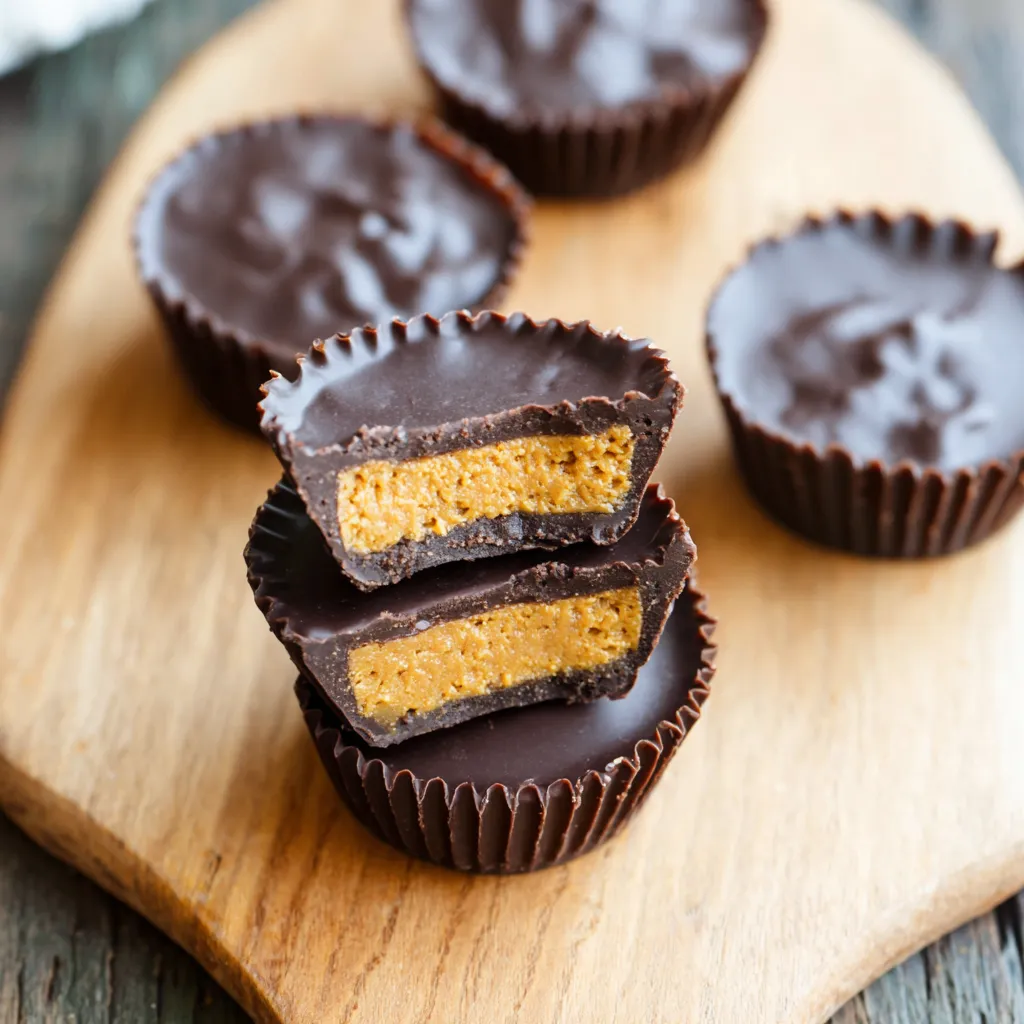 Chocolate pumpkin butter cups on a wooden board.