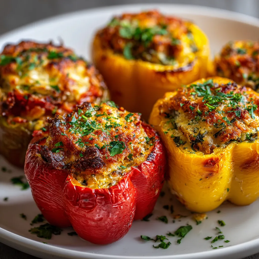 Four stuffed bell peppers on a plate.