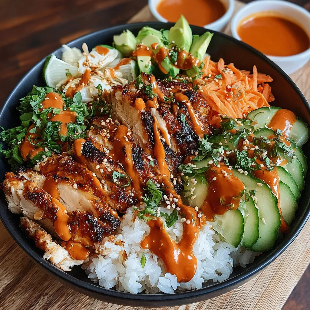 A bowl of food with chicken, rice, and vegetables.