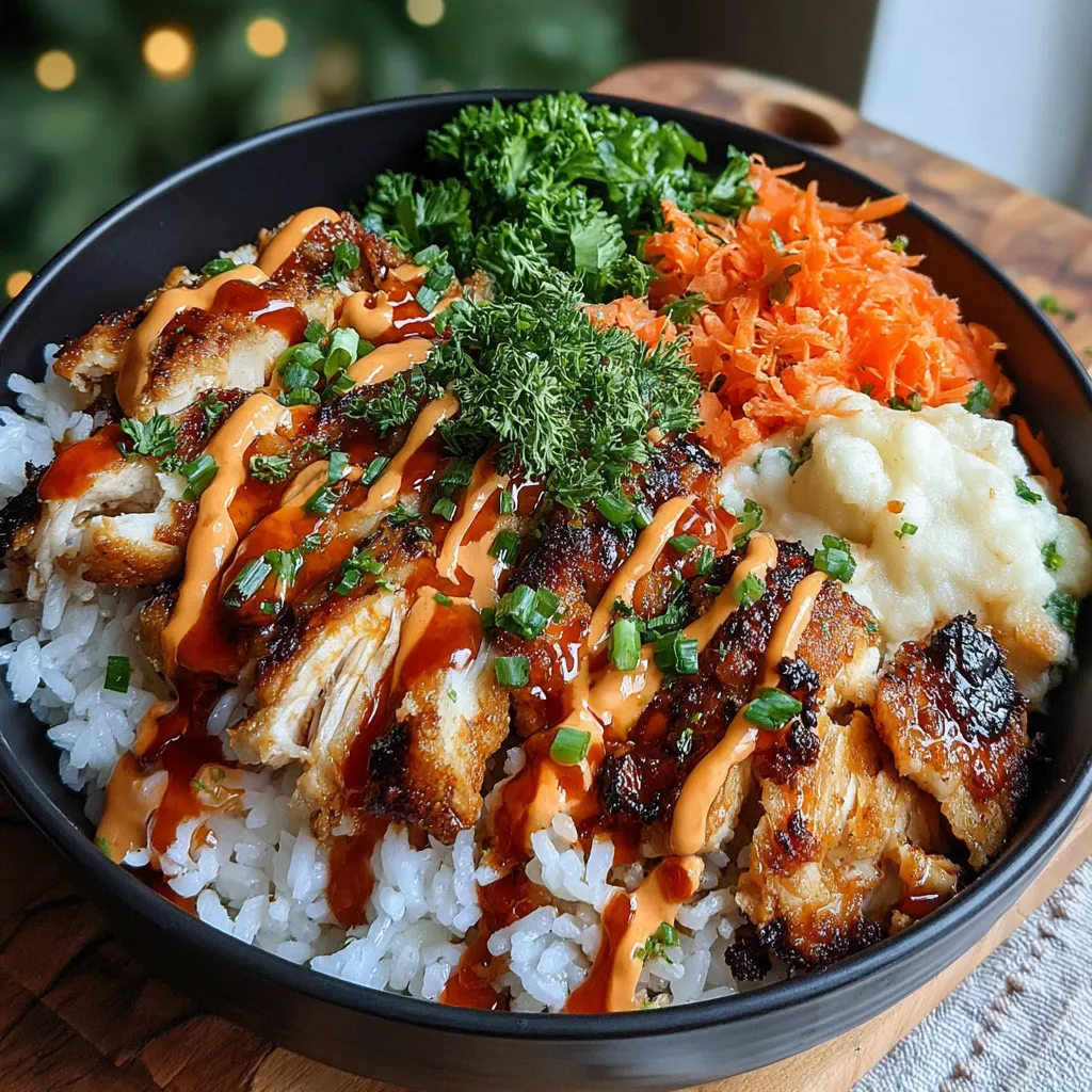 A bowl of food with chicken, rice, and vegetables.